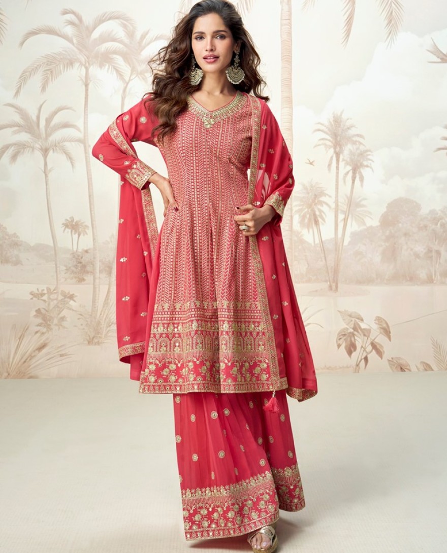 10220-pink - Pink Georgette Embroidered and Zari Work Readymade Style